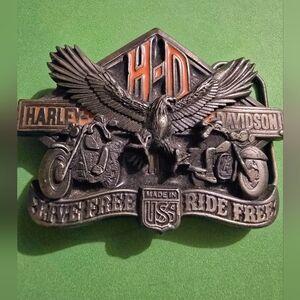 Vintage 1991 Harley Davidson “Live Free, Ride Free” Baron Brass Belt Buckle USA